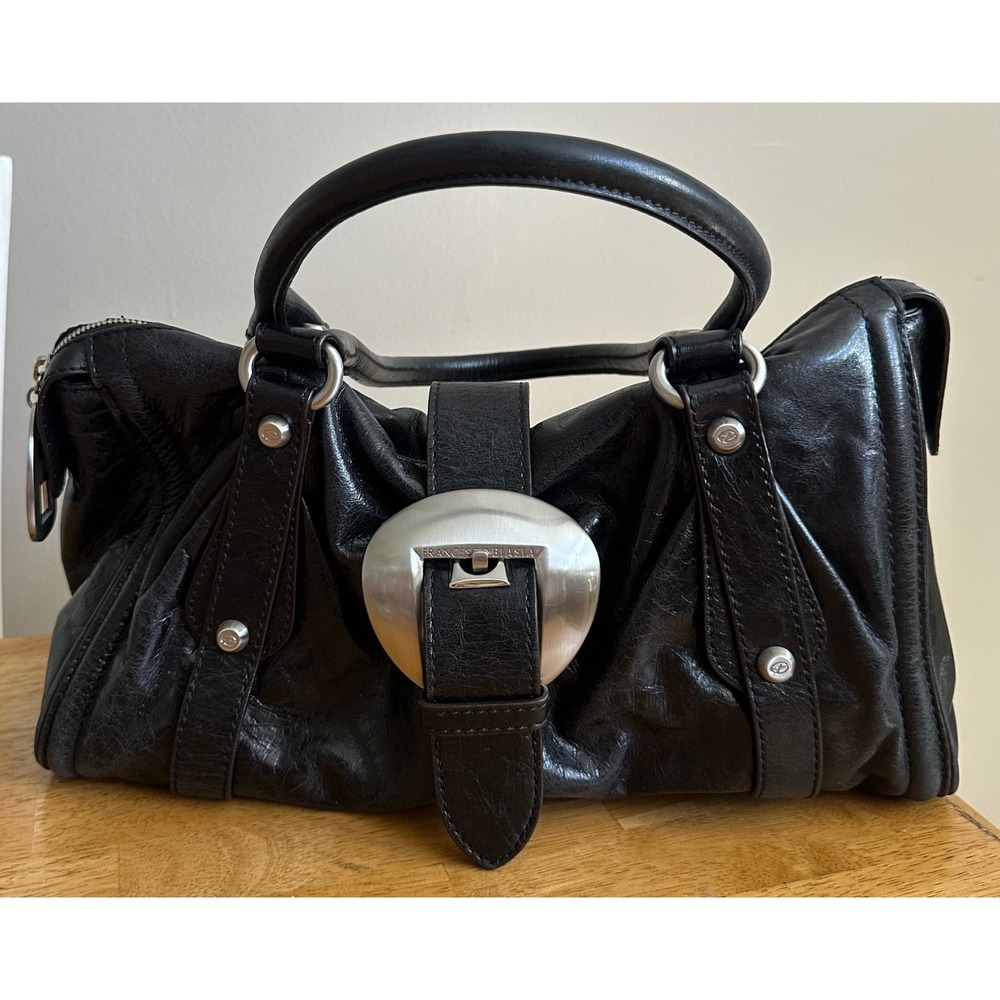 Y2K Francesco Biasia Black Calf Leather Satchel Bag Silver Buckle M Hobo Handbag